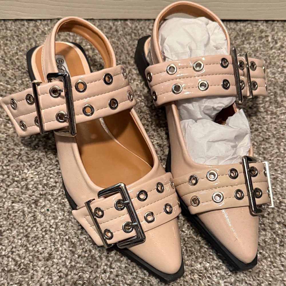 Studded Buckle Pointed Slingback Mules in Blush